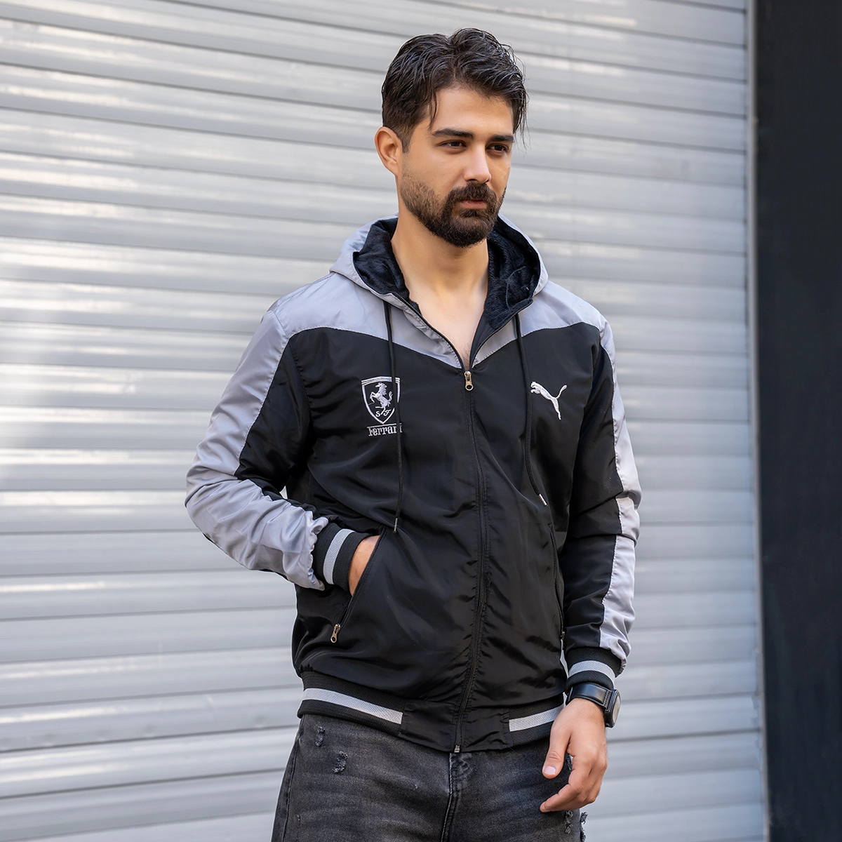 کاپشن مشکی طوسی مردانه مدل Ferrari