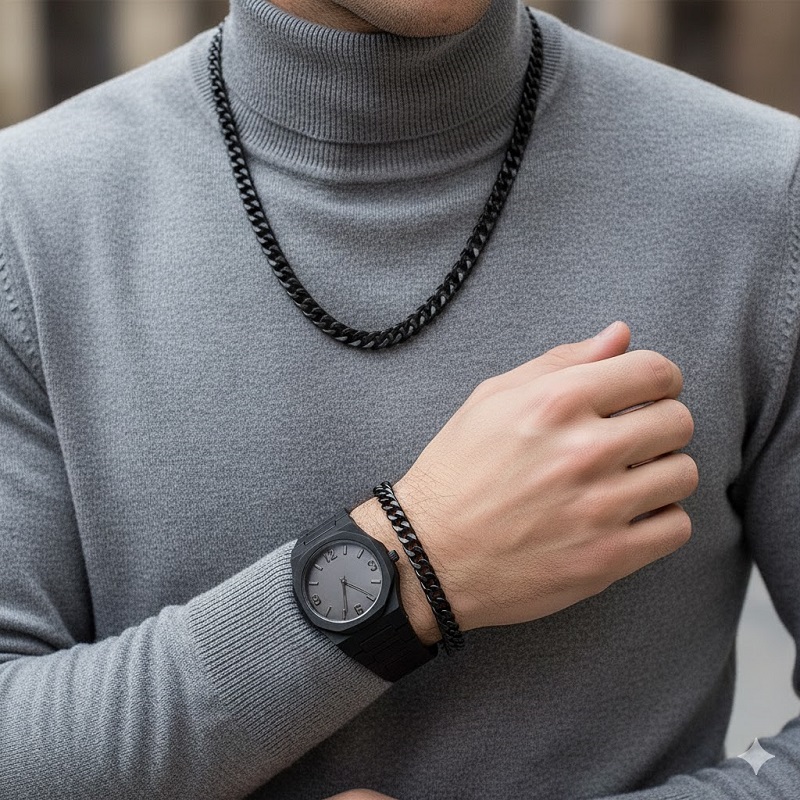 ست مردانه ساعت و دستبند و گردنبند solid black-مشکی